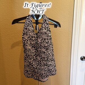 NWT "It Figures" Swim Top Halter Tankini 24W Molded Soft Cup Blk & White Tie Top